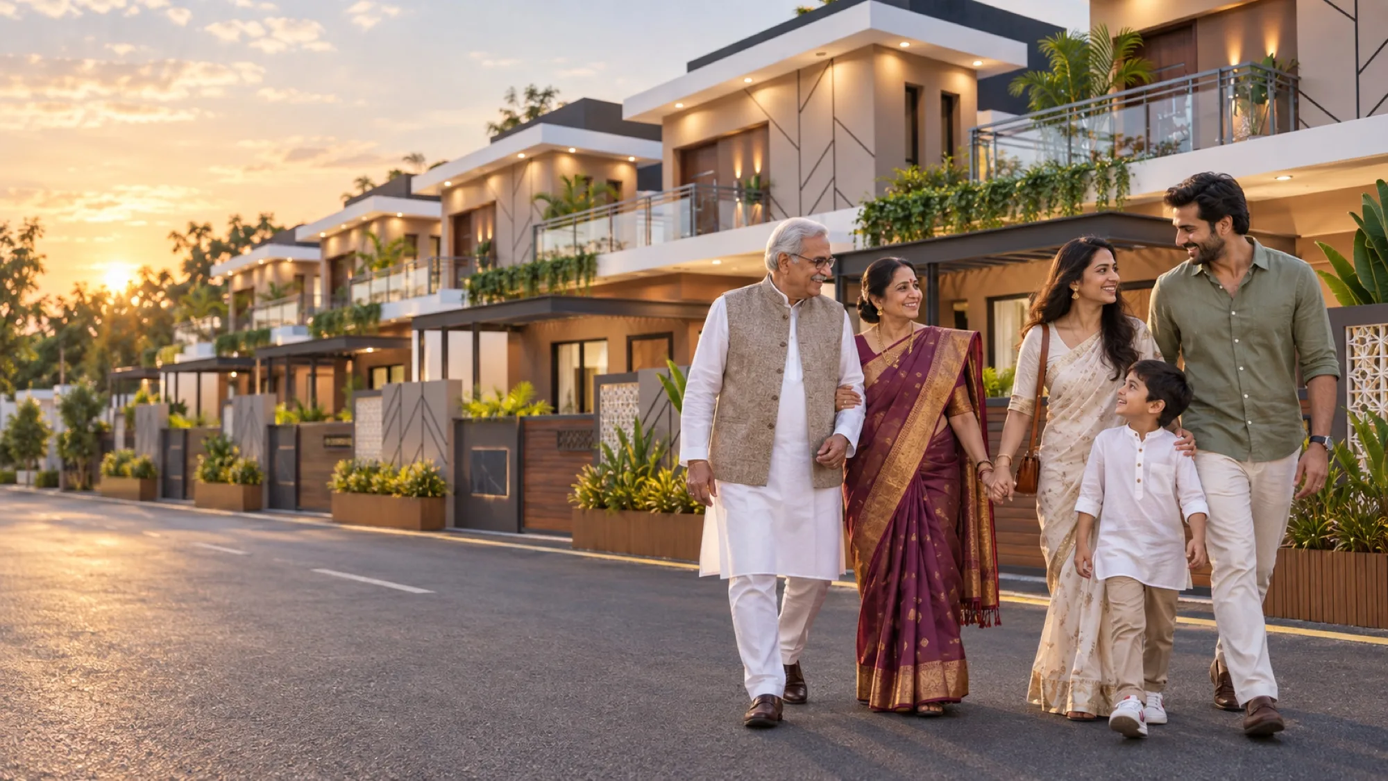 A multigenerational Maharashtrian family together outside their villa
