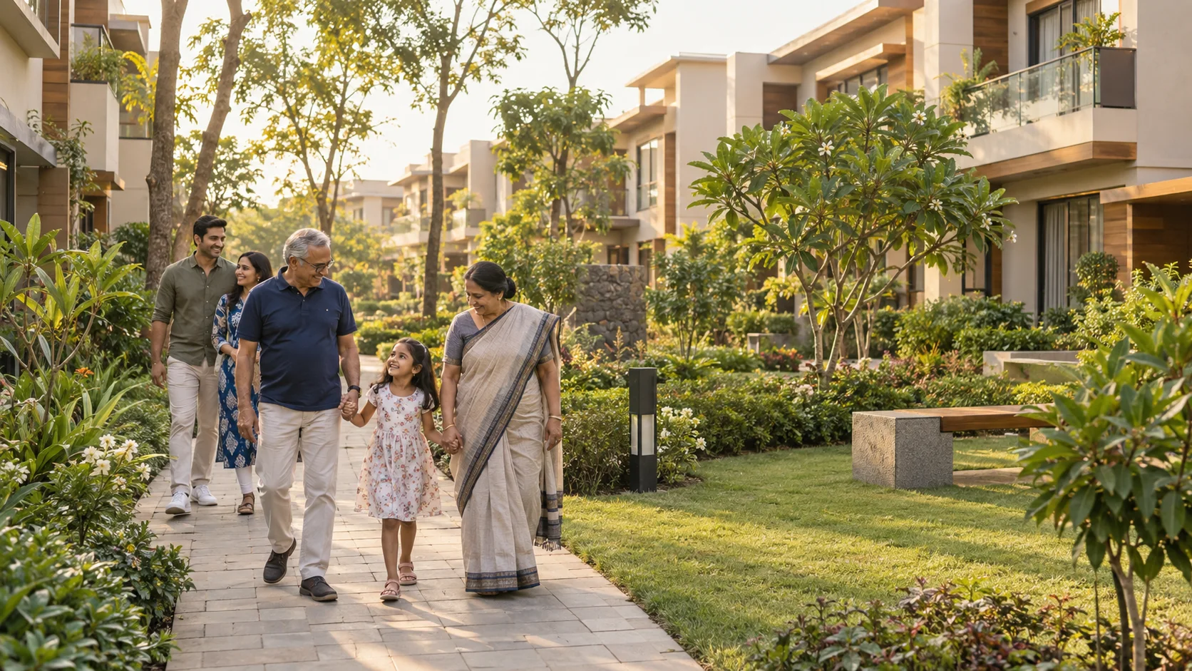 A multigenerational Maharashtrian family walking through the landscaped Deccan Imperia community