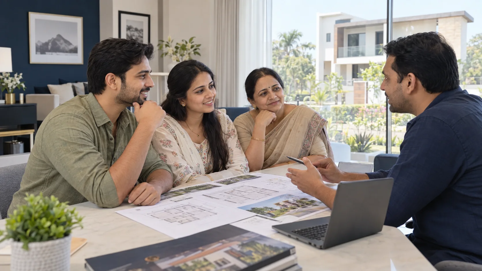 A Maharashtrian family reviewing their Deccan Imperia home with a local property advisor