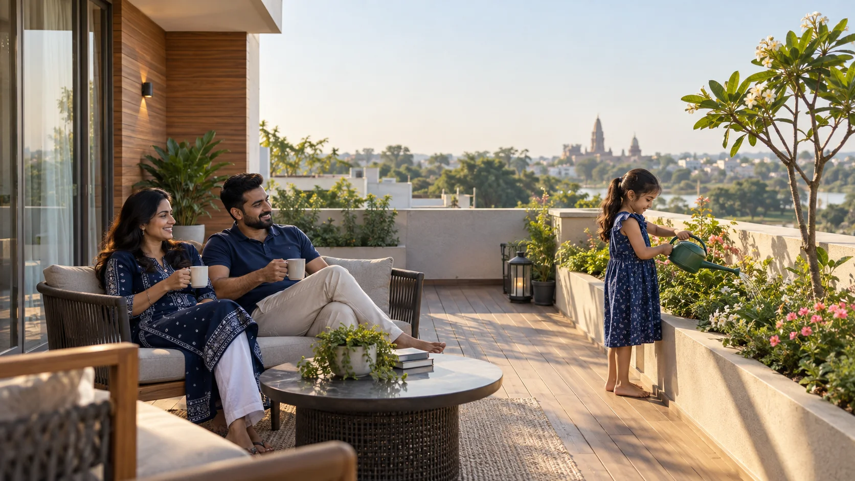 A Maharashtrian family enjoying their landscaped private terrace in Pandharpur